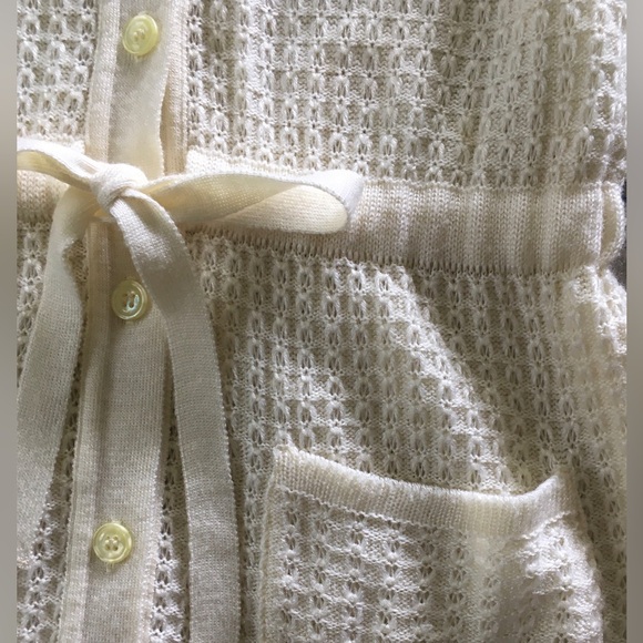 Vintage Belted Cardigan Womens 70s Cream Knit Sweater Tie Button Up Pockets M - Picture 7 of 9